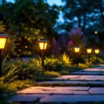 A photograph of a beautifully illuminated outdoor path lined with stylish solar path lights