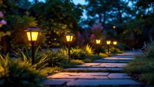 A photograph of a beautifully illuminated outdoor path lined with stylish solar path lights