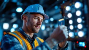 A photograph of a lighting contractor installing or adjusting a led dimmer driver in a modern lighting setup