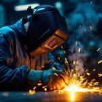 A photograph of a skilled welder working in a dimly lit workshop