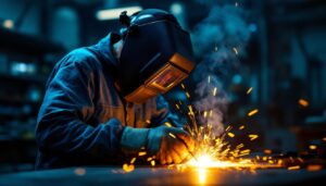 A photograph of a skilled welder working in a dimly lit workshop