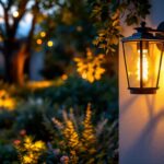 A photograph of a stylish outdoor lamp holder installed in a beautifully landscaped garden setting