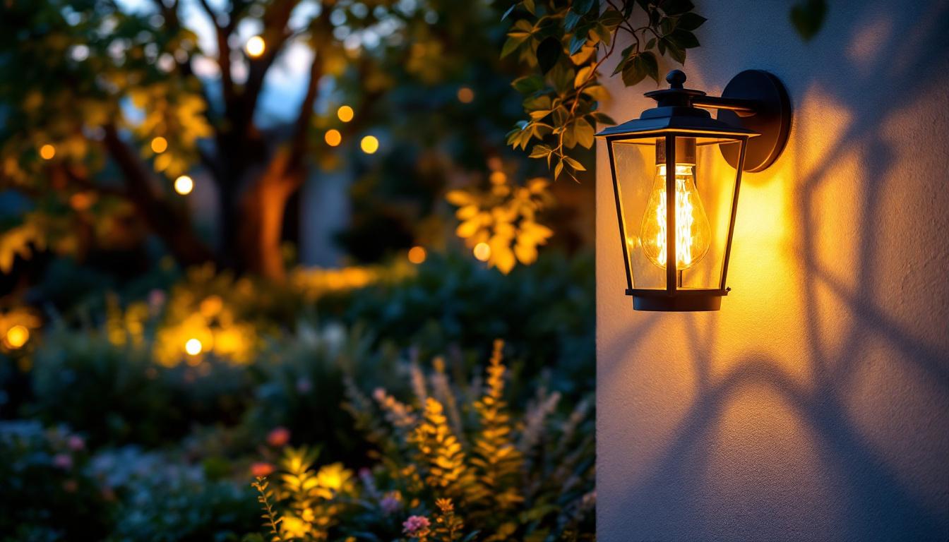 A photograph of a stylish outdoor lamp holder installed in a beautifully landscaped garden setting