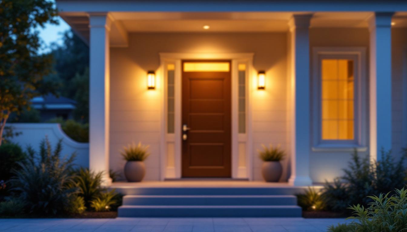 A photograph of a beautifully designed solar front porch light illuminating a welcoming entrance