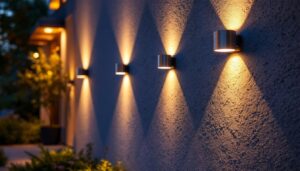 A photograph of a beautifully lit exterior wall featuring a variety of stylish wall-mounted led lights