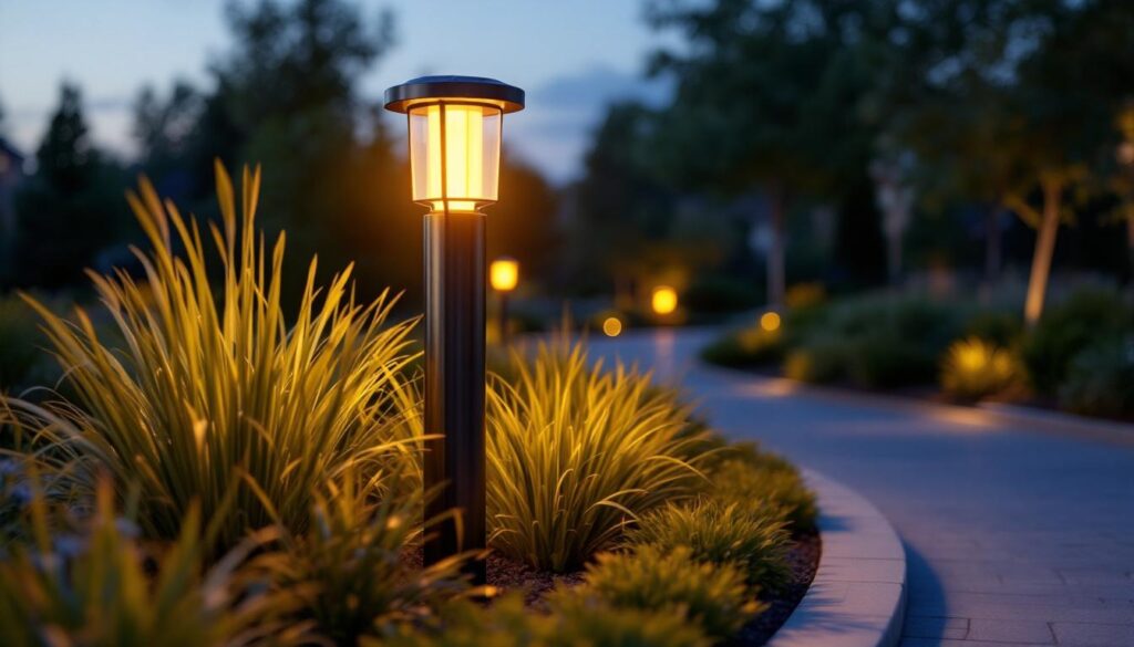 A photograph of a beautifully illuminated solar bollard in a landscaped outdoor setting during twilight