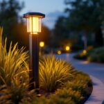 A photograph of a beautifully illuminated solar bollard in a landscaped outdoor setting during twilight