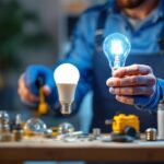 A photograph of a lighting contractor demonstrating the process of replacing an incandescent bulb with an led bulb