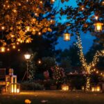 A photograph of a beautifully lit outdoor space showcasing various types of temporary lighting installations