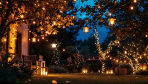 A photograph of a beautifully lit outdoor space showcasing various types of temporary lighting installations