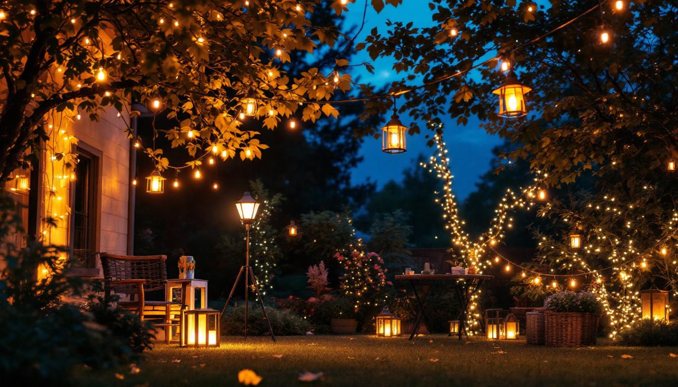 A photograph of a beautifully lit outdoor space showcasing various types of temporary lighting installations