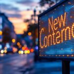 A photograph of a well-lit outdoor led sign in a vibrant urban setting during twilight