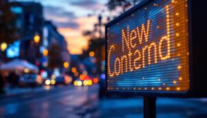 A photograph of a well-lit outdoor led sign in a vibrant urban setting during twilight