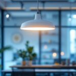 A photograph of a beautifully designed commercial led pendant light fixture in a modern workspace setting