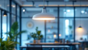 A photograph of a beautifully designed commercial led pendant light fixture in a modern workspace setting