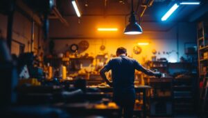 A photograph of a well-lit workshop or garage featuring led 8' shop lights
