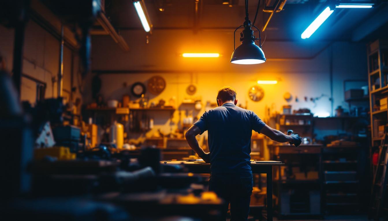 A photograph of a well-lit workshop or garage featuring led 8' shop lights