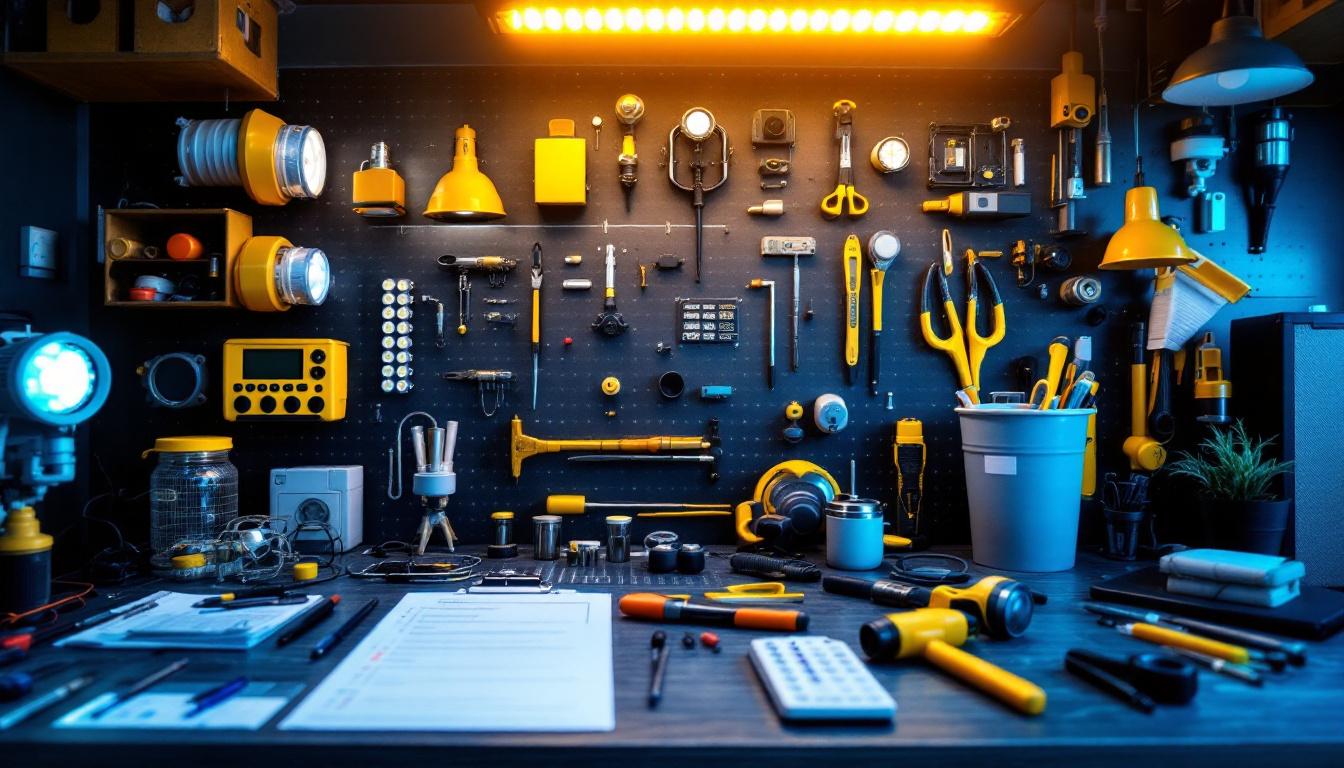 A photograph of a well-organized workspace featuring a variety of led lighting products