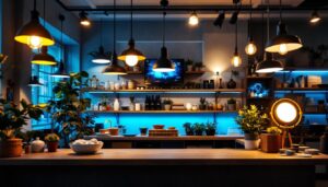 A photograph of a well-lit commercial shop interior featuring various styles of shop lights in use