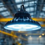 A photograph of a high bay fixture installed in a spacious industrial or commercial setting