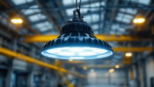A photograph of a high bay fixture installed in a spacious industrial or commercial setting