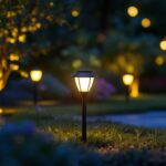 A photograph of a beautifully illuminated outdoor landscape featuring solar led landscape lights in a garden or yard setting