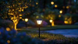 A photograph of a beautifully illuminated outdoor landscape featuring solar led landscape lights in a garden or yard setting