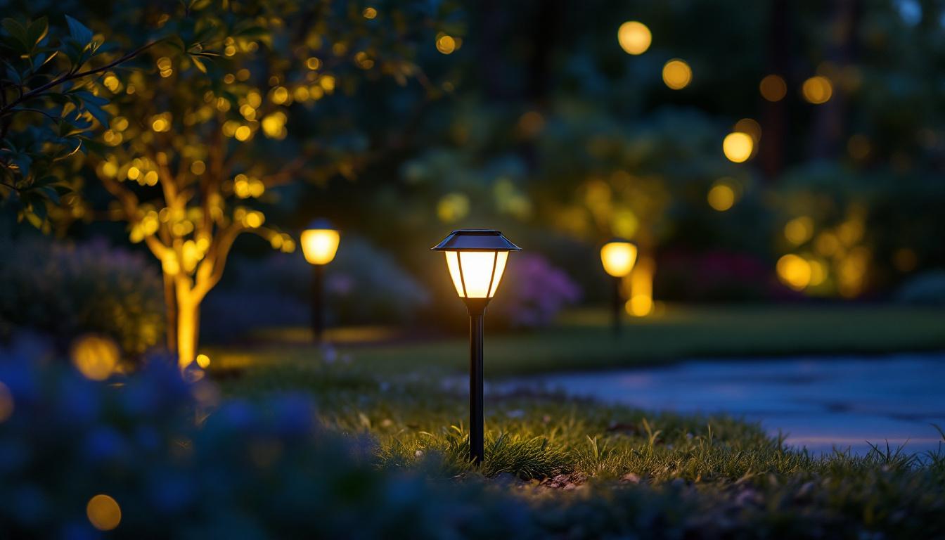 A photograph of a beautifully illuminated outdoor landscape featuring solar led landscape lights in a garden or yard setting
