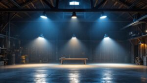 A photograph of a well-lit barn interior showcasing various industrial lighting fixtures
