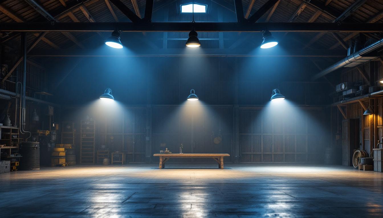 A photograph of a well-lit barn interior showcasing various industrial lighting fixtures
