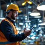 A photograph of a lighting contractor examining various wholesale light fixtures in a well-lit warehouse