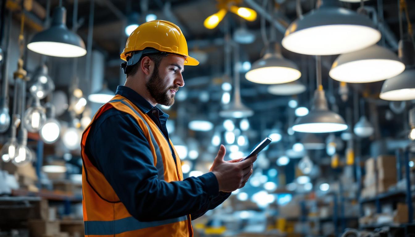 A photograph of a lighting contractor examining various wholesale light fixtures in a well-lit warehouse