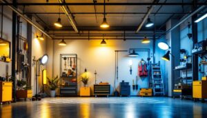A photograph of a well-lit garage interior featuring a variety of stylish and functional lighting fixtures