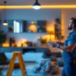 A photograph of a lighting contractor expertly installing energy-efficient led fixtures in a modern residential space