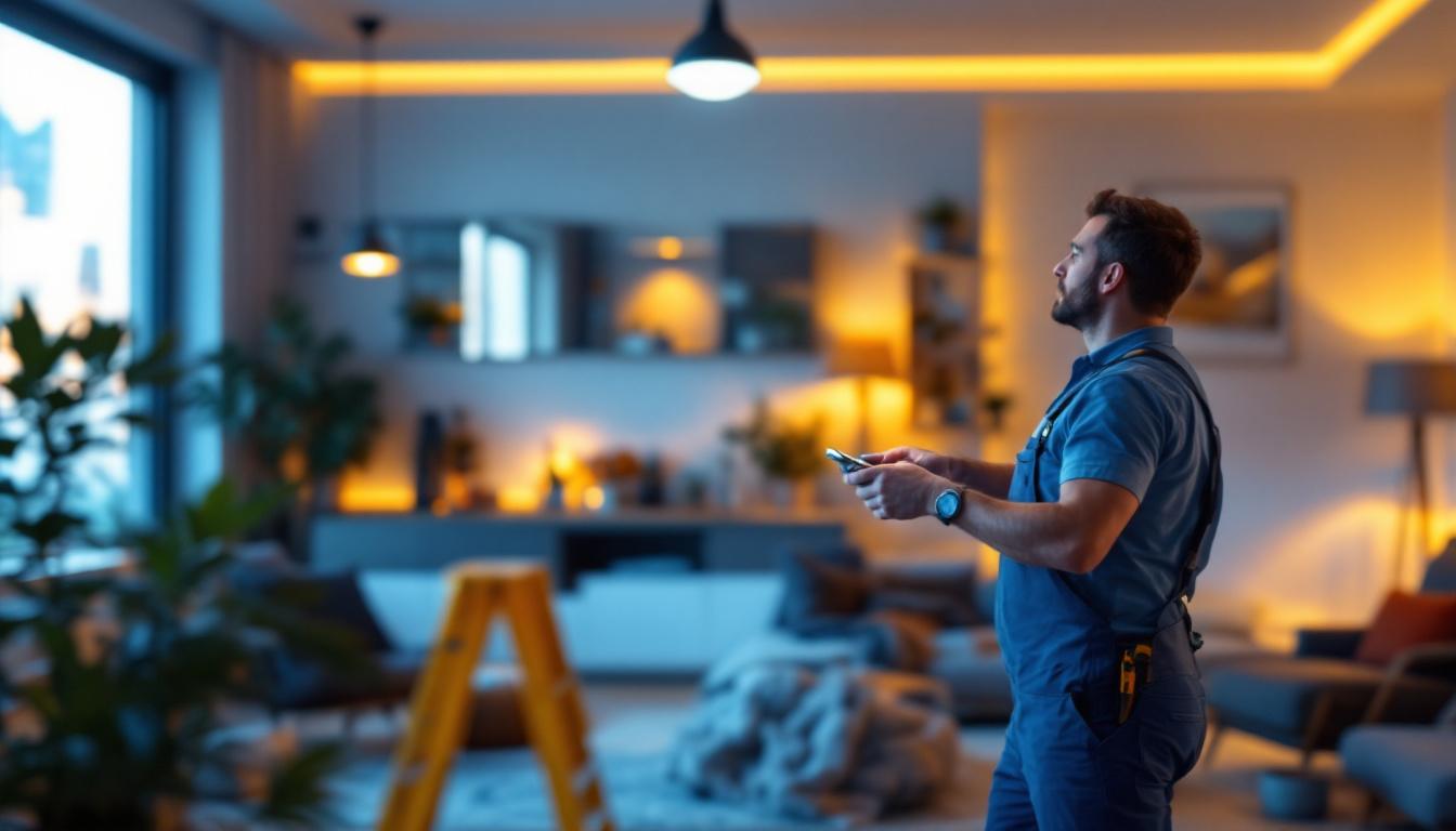 A photograph of a lighting contractor expertly installing energy-efficient led fixtures in a modern residential space