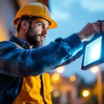 A photograph of a lighting contractor expertly installing a bright led floodlight in an outdoor setting