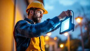 A photograph of a lighting contractor expertly installing a bright led floodlight in an outdoor setting