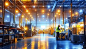 A photograph of a well-lit commercial warehouse interior