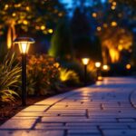A photograph of a beautifully illuminated walkway featuring bright solar lights