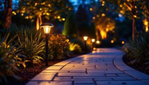 A photograph of a beautifully illuminated walkway featuring bright solar lights