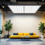 A photograph of a well-lit room featuring a modern 2x2 led drop ceiling light installation