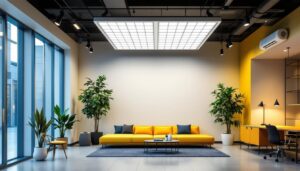 A photograph of a well-lit room featuring a modern 2x2 led drop ceiling light installation