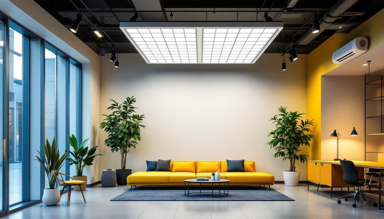 A photograph of a well-lit room featuring a modern 2x2 led drop ceiling light installation