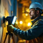 A photograph of a lighting contractor setting up or using temporary work lights on a construction site