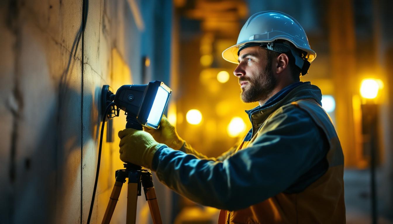 A photograph of a lighting contractor setting up or using temporary work lights on a construction site
