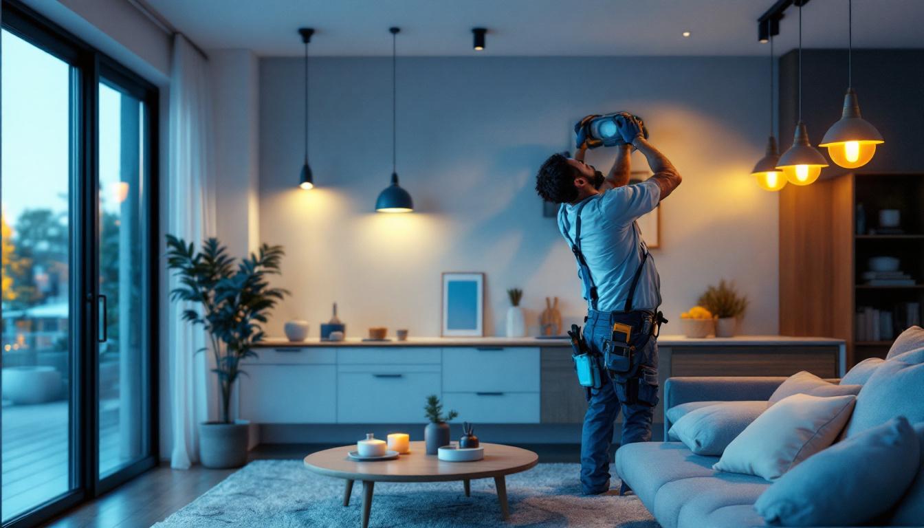 A photograph of a lighting contractor installing a dimmable led driver in a modern residential setting