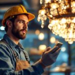 A photograph of a skilled lighting contractor examining a beautifully designed chandelier in a well-lit commercial space