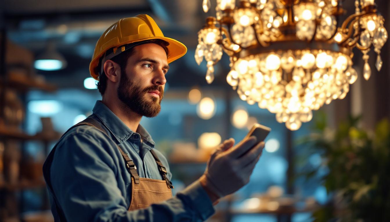A photograph of a skilled lighting contractor examining a beautifully designed chandelier in a well-lit commercial space