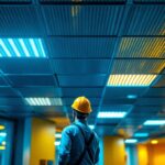 A photograph of capture a photograph of a well-lit commercial space featuring lighted ceiling tiles