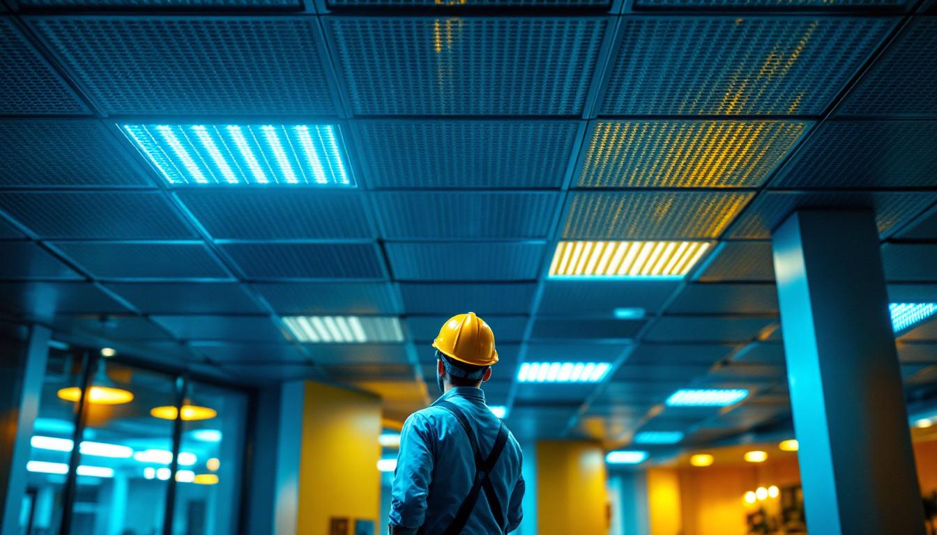 A photograph of capture a photograph of a well-lit commercial space featuring lighted ceiling tiles